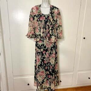 Vintage 90s Positive Attitude Black Pink Floral Sleeveless Maxi Dress Set